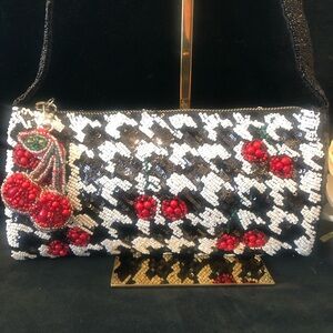 NWOT Beaded Black & White Houndstooth & Cherry Motif Bag
